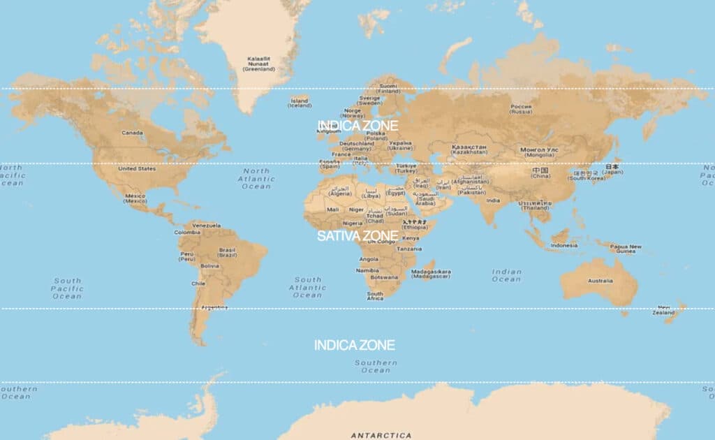 Mapa mundial que muestra las zonas climáticas de cultivo de cannabis