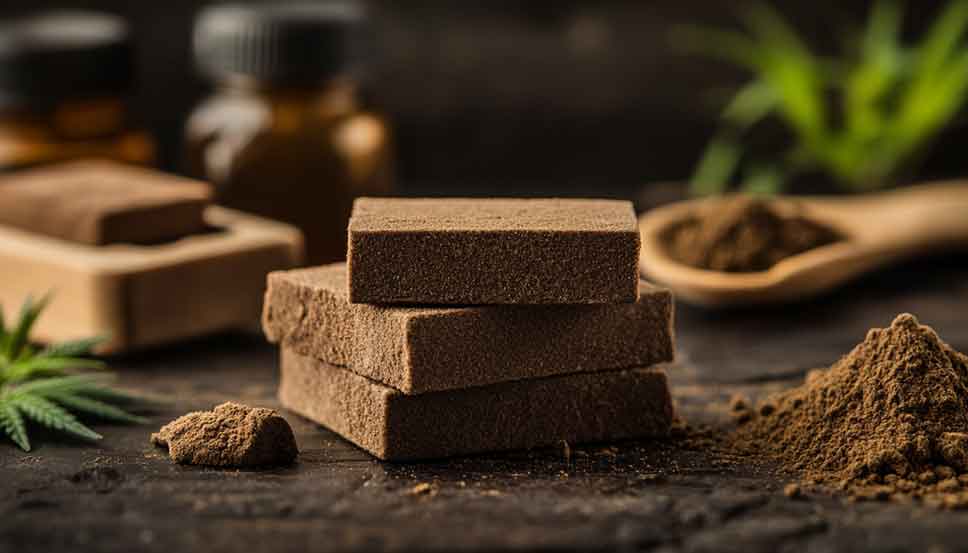 Hashish vs Charas: What’s the Difference and Which Is Stronger? Side-by-side comparison of hashish vs charas on a wooden surface, showing texture and form differences.