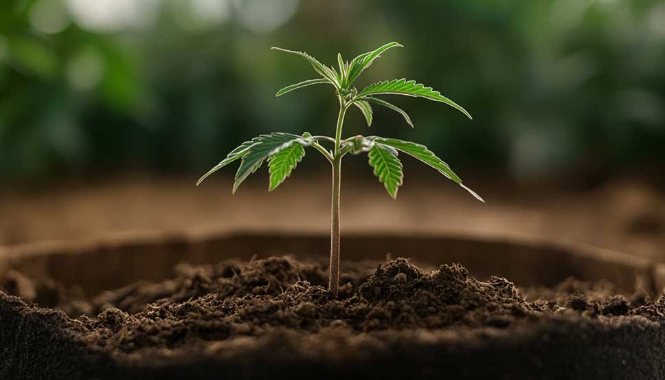 How Big Do Autoflowers Get? Choosing the Right Pot Size for Healthy Growth Maceta de tela negra destacada en primer plano con planta de cannabis autofloreciente