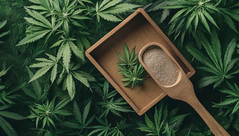Baking Soda on Weeds: Greener Leaves and Bigger Harvests Close-up of deep green cannabis leaves with baking soda on soil, showcasing the effects of baking soda on weeds in outdoor cultivation