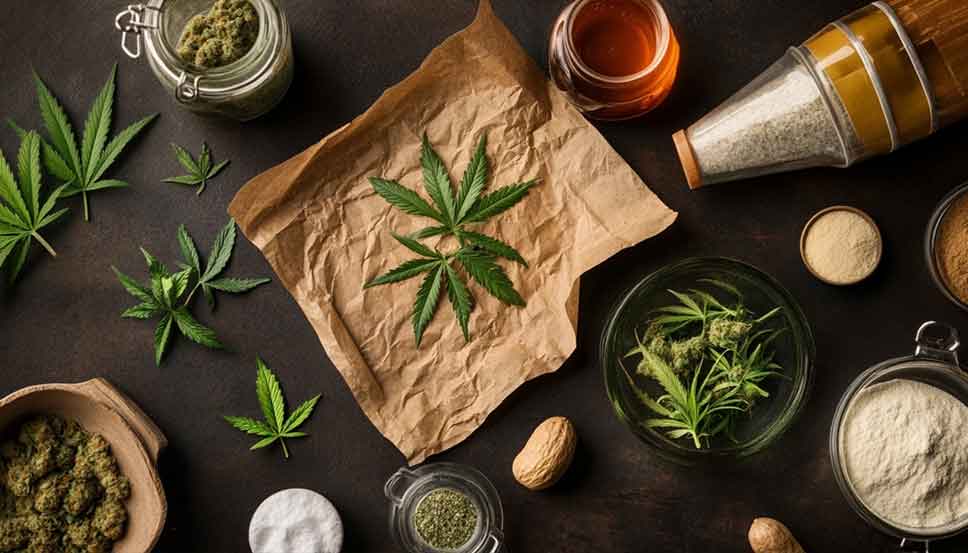 Best Strains for Edibles: What to Choose and Why Close-up of cannabis buds and baking ingredients on a kitchen counter, showcasing the best strains for edibles.