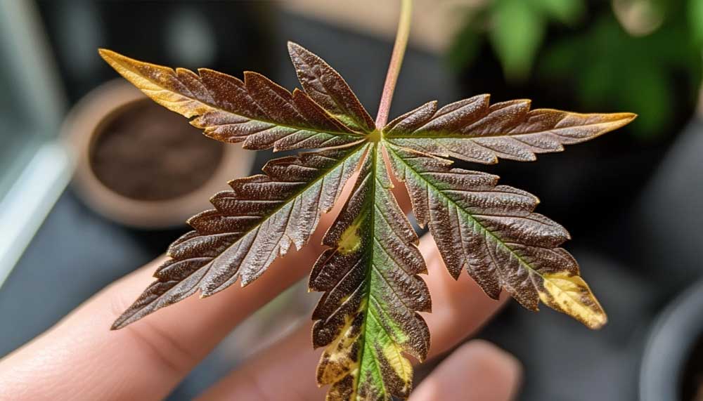 Potassium Deficiency in Cannabis: How to Identify and Fix It Cannabis leaf showing cannabis potassium deficiency with burnt edges and yellowing
