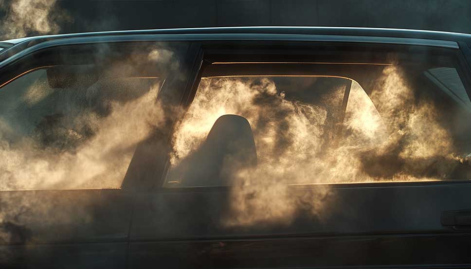How to Get Weed Smell Out of Car – Stay Fresh, Stay Low-Key Realistic car interior with windows open, showing how to get weed smell out of car using coffee grounds, baking soda, and fresh air