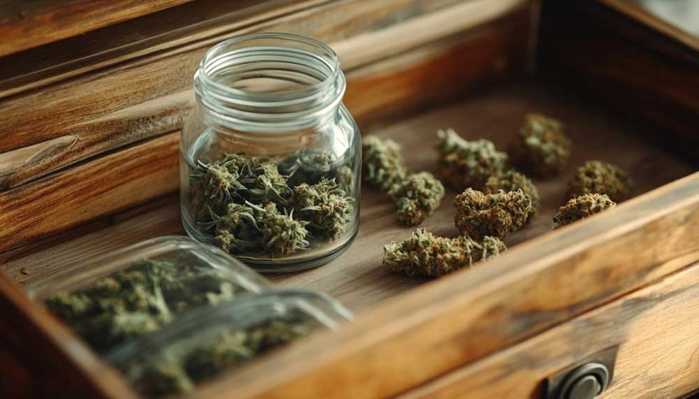 Does Weed Expire? How to Tell If Your Cannabis Has Gone Bad Drawer showing side-by-side comparison of cannabis: one side stored in a jar, the other exposed and degraded – does weed expire visual example