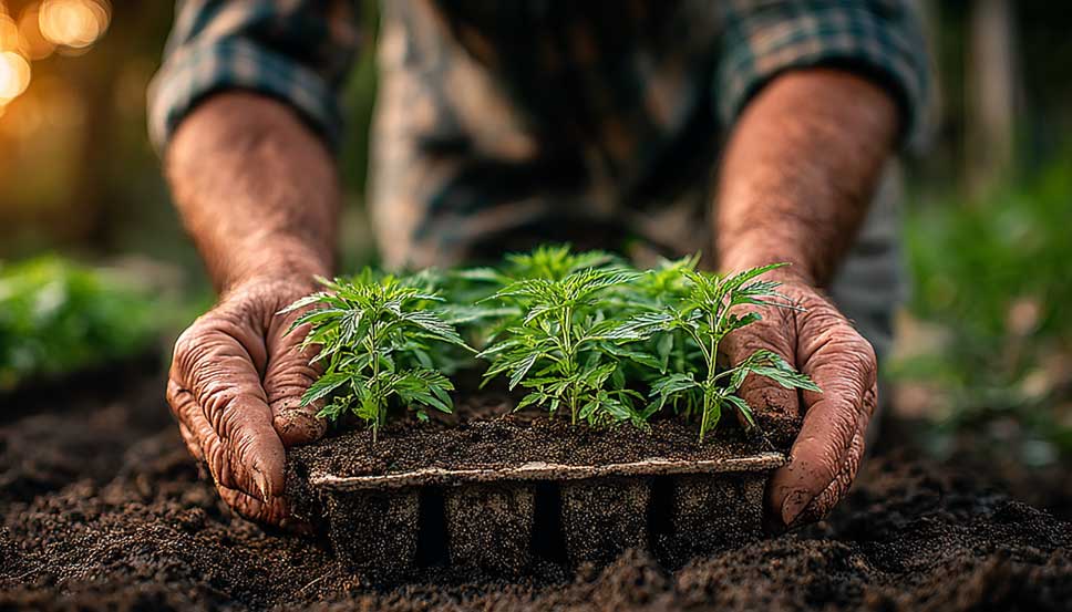Cannabis Grow Season: Ultimate Outdoor Transplant Guide Hands gently transplanting cannabis seedlings into rich soil during the cannabis grow season, bathed in soft morning light