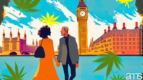 couple in London with cannabis leaves