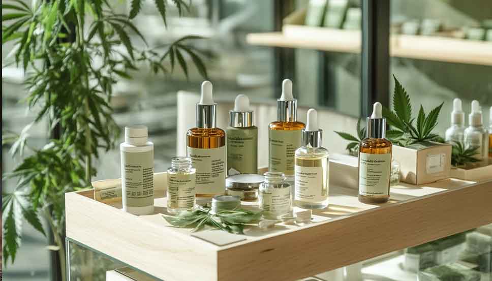 Display of various CBD products on pharmacy shelves in Sweden highlighting the question is weed legal in Sweden