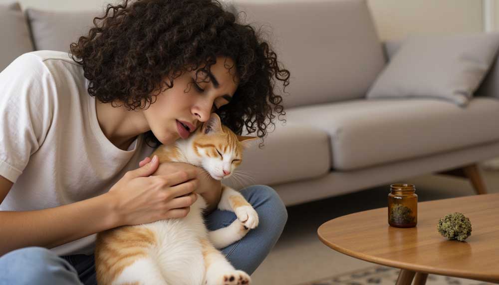 How Does Weed Affect Cats? What Every Pet Owner Should Know An emotional and informative image showing a cat exposed to cannabis, raising awareness about weed’s effects on pets and the importance of safe storage.