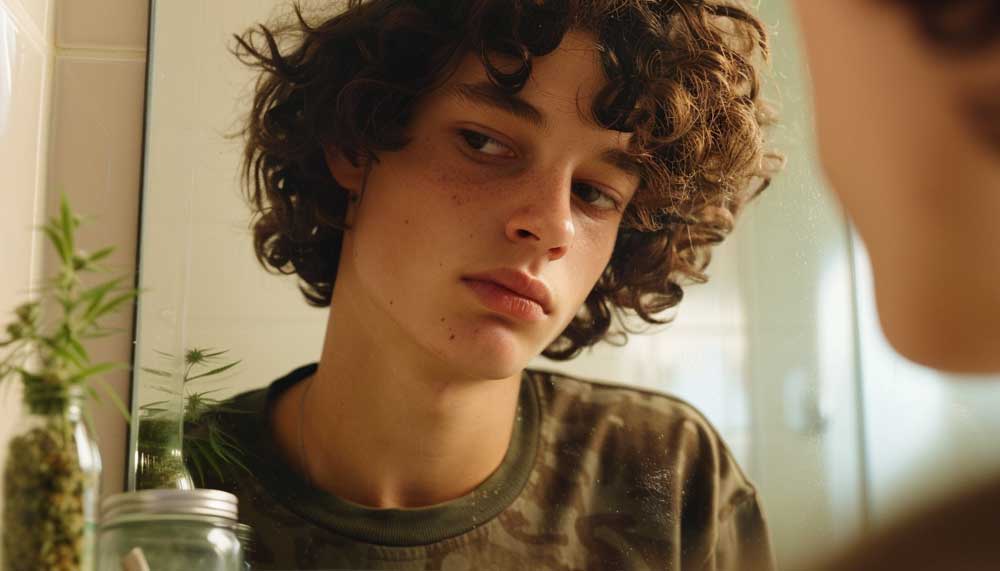 Does Smoking Weed Make You Lose Hair? The Surprising Connection Person looking in mirror, examining hair with concern, wondering if smoking weed cause hair loss while holding a cannabis product.