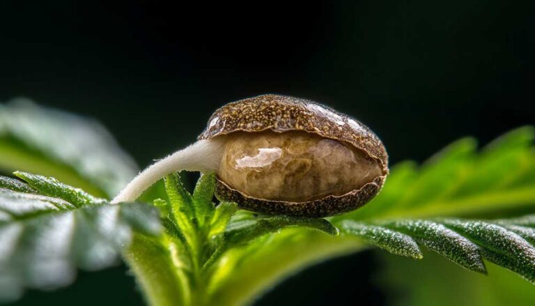 Cannabis grow stages - germinated seed with emerging taproot