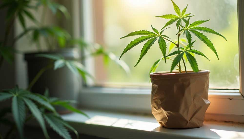 How to Grow Weed at Home Without Equipment: Simple and Cheap Cannabis growing in natural light on a windowsill using no special equipment. Ideal example of homegrown weed with zero budget.