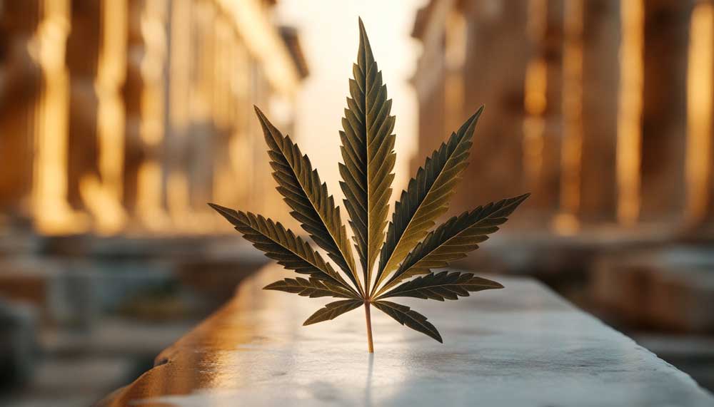Is Weed Legal in Greece? Current Status in 2025 Greek flag with cannabis leaf overlayed near ancient architecture – is weed legal in Greece visual concept