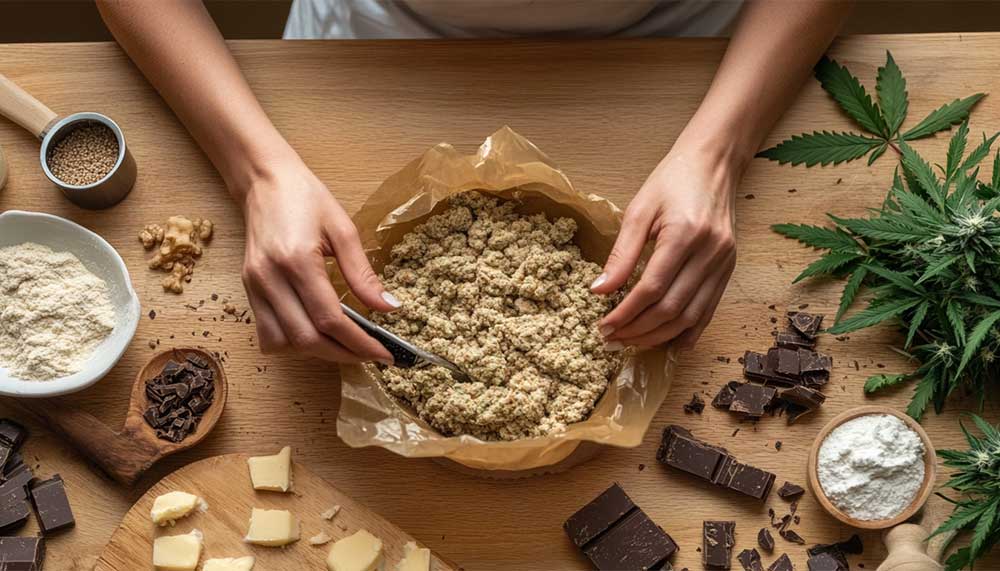 How to make space cakes? Our favorite recipe Group of friends casually preparing a space cake in a cozy kitchen, with cannabis ingredients visible on the table.