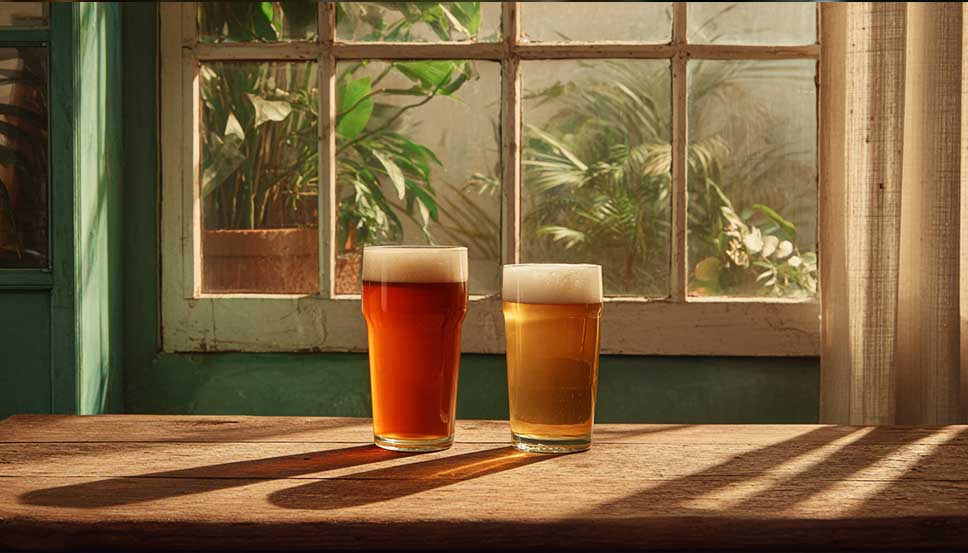 THC Beer vs. Regular Beer: Which One Is Better for Relaxation? Close-up of a glass of thc beer and a glass of regular beer side by side in a relaxed setting.